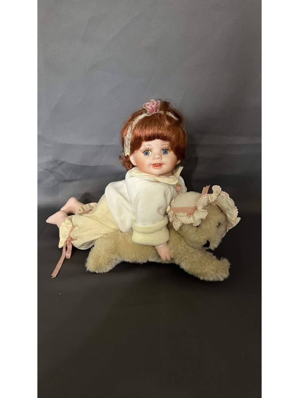 Porcelain "Becky" Doll With Red Hair & Teddy Bear Vintage Collectible Geppeddo